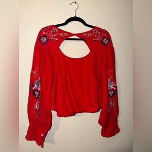 Free People Red Embroidered Bubble Blouse